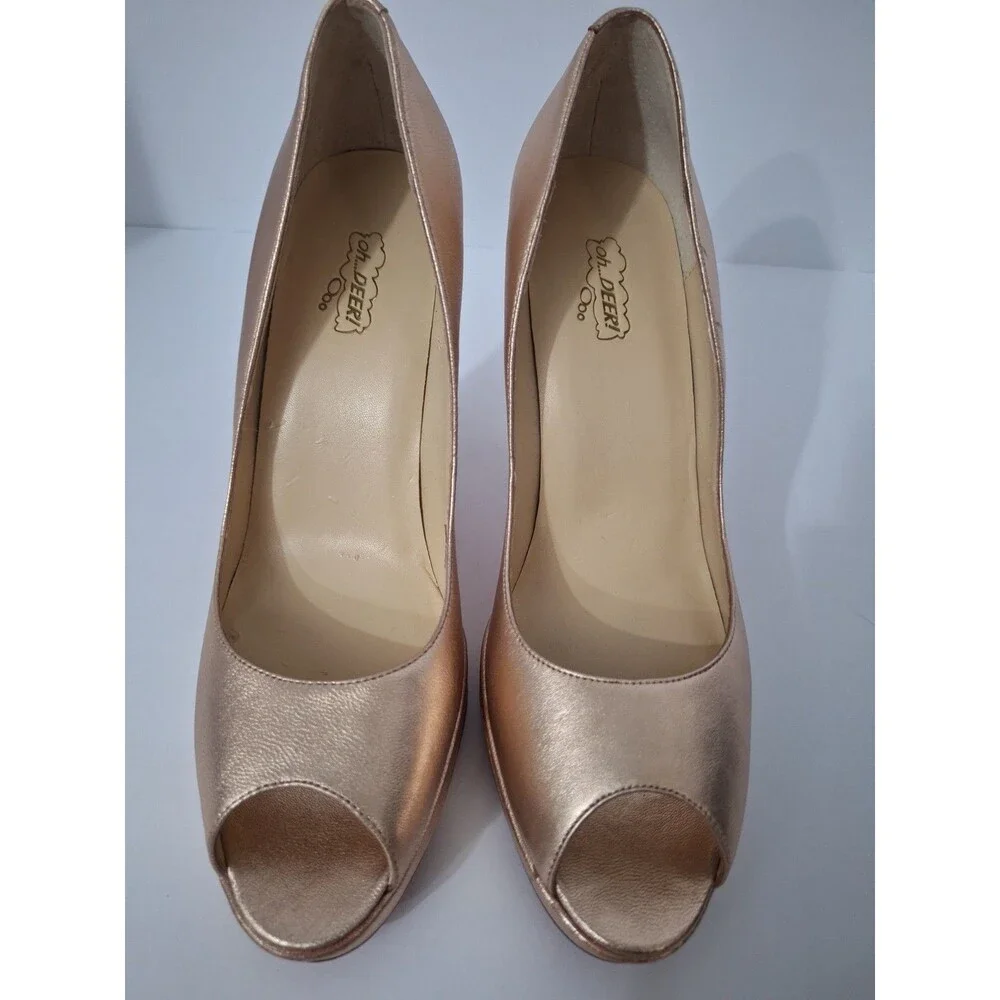 Oh! Deer! Vintage Leather Peep Toe Heels Women Sz 10 M Gold Platform Red Bottoms